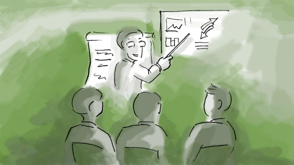 Karikatur Lehrer präsentiert mit Zuhörern - grüne Version